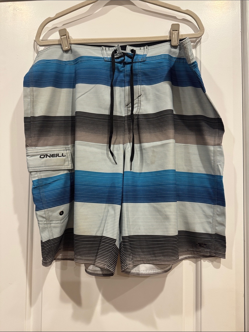 O'Neill Blue, Gray and Black Striped Men’s Board Shorts